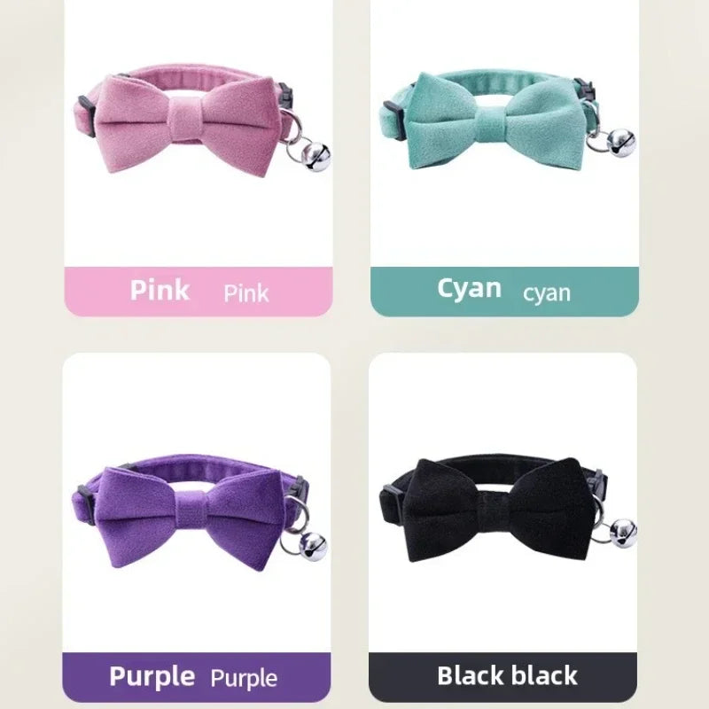 Soft Velvet Bow Tie Cat Collar with Bell Adjustable Safety Buckle Solid Color for Dogs Cats Puppy Chihuahua Pets Accessories