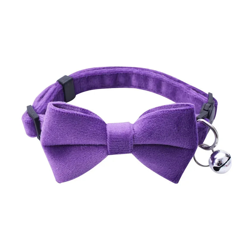 Soft Velvet Bow Tie Cat Collar with Bell Adjustable Safety Buckle Solid Color for Dogs Cats Puppy Chihuahua Pets Accessories