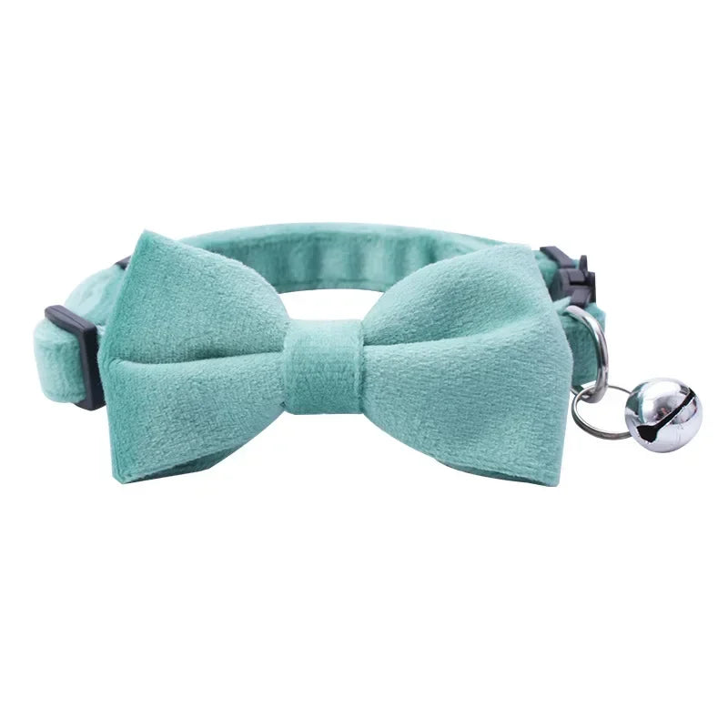 Soft Velvet Bow Tie Cat Collar with Bell Adjustable Safety Buckle Solid Color for Dogs Cats Puppy Chihuahua Pets Accessories