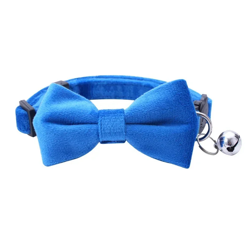 Soft Velvet Bow Tie Cat Collar with Bell Adjustable Safety Buckle Solid Color for Dogs Cats Puppy Chihuahua Pets Accessories