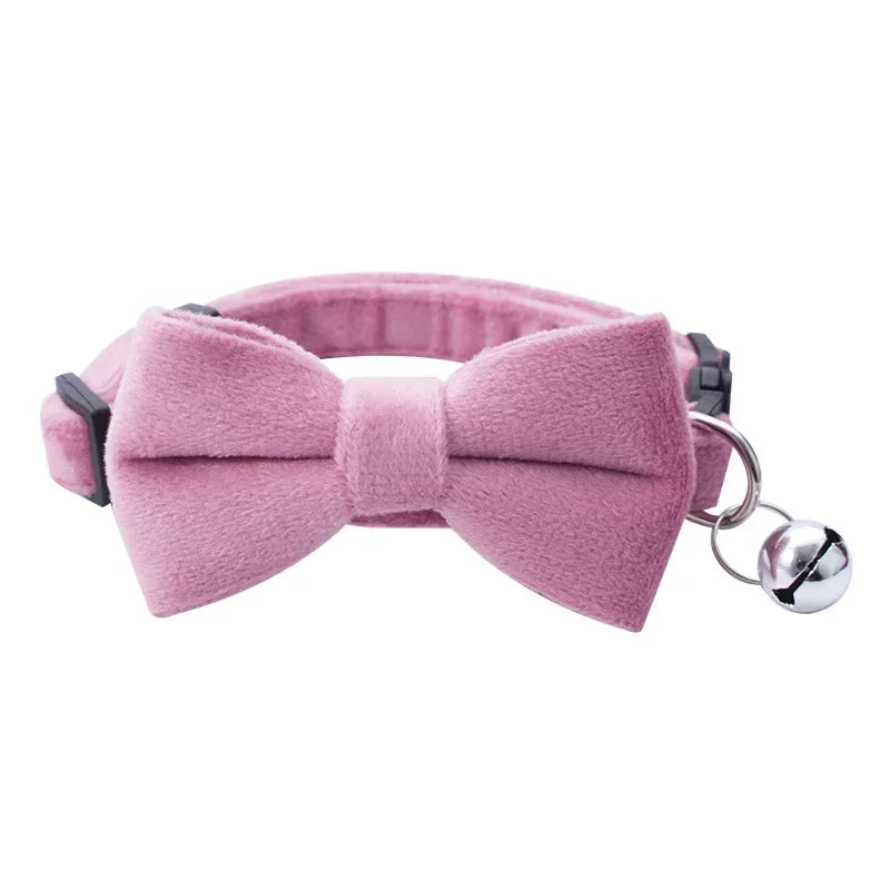 Soft Velvet Bow Tie Cat Collar with Bell Adjustable Safety Buckle Solid Color for Dogs Cats Puppy Chihuahua Pets Accessories