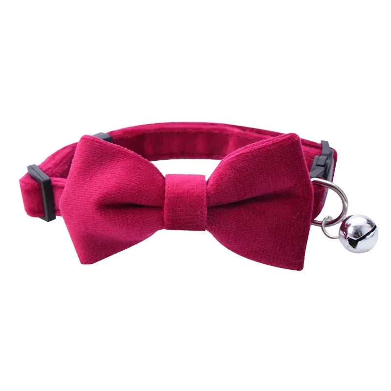 Soft Velvet Bow Tie Cat Collar with Bell Adjustable Safety Buckle Solid Color for Dogs Cats Puppy Chihuahua Pets Accessories