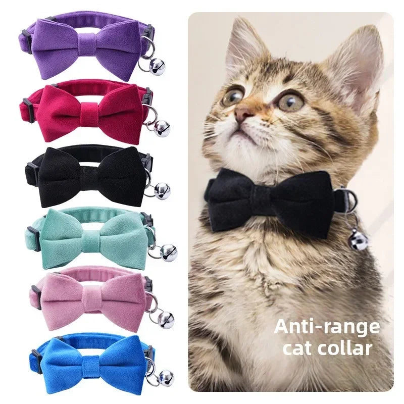 Soft Velvet Bow Tie Cat Collar with Bell Adjustable Safety Buckle Solid Color for Dogs Cats Puppy Chihuahua Pets Accessories