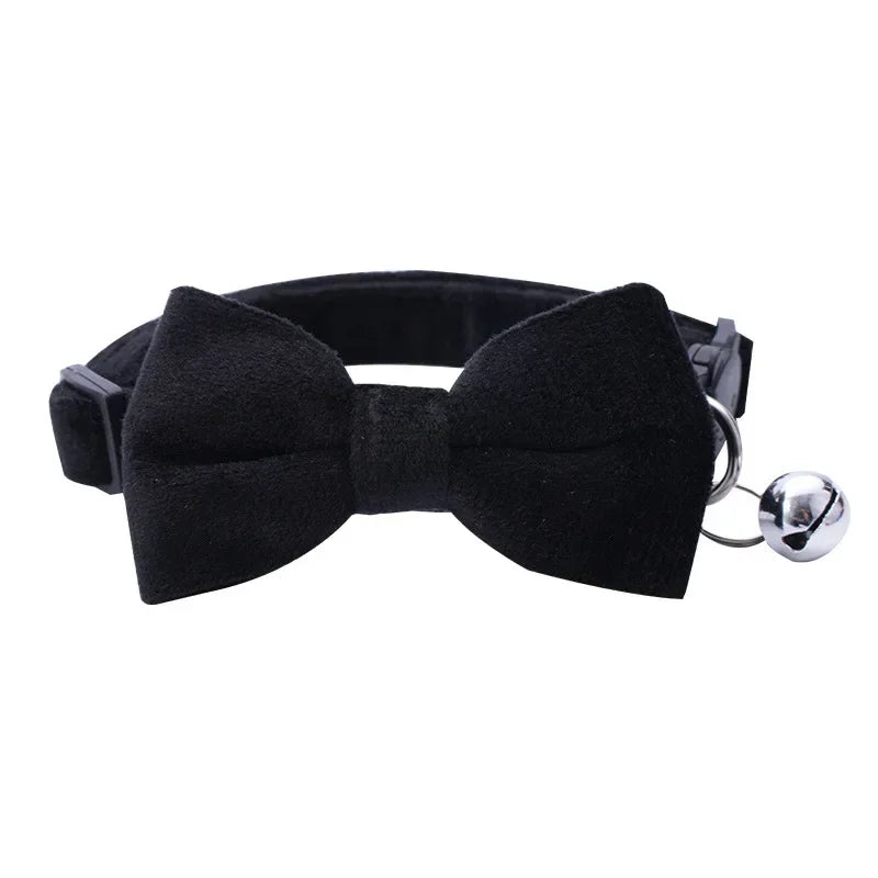 Soft Velvet Bow Tie Cat Collar with Bell Adjustable Safety Buckle Solid Color for Dogs Cats Puppy Chihuahua Pets Accessories