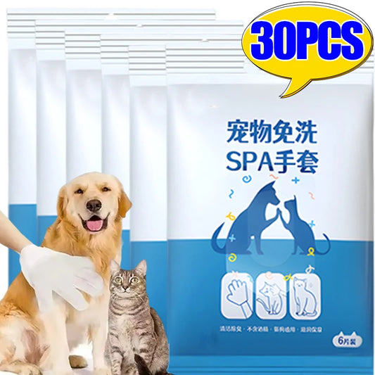 30/6PCS Cat Dog Disposable Glove Towels Pet Wash Free Glove No Rinse Washing Gloves Towels Deodorizing Dry Cleaning Wet Towels