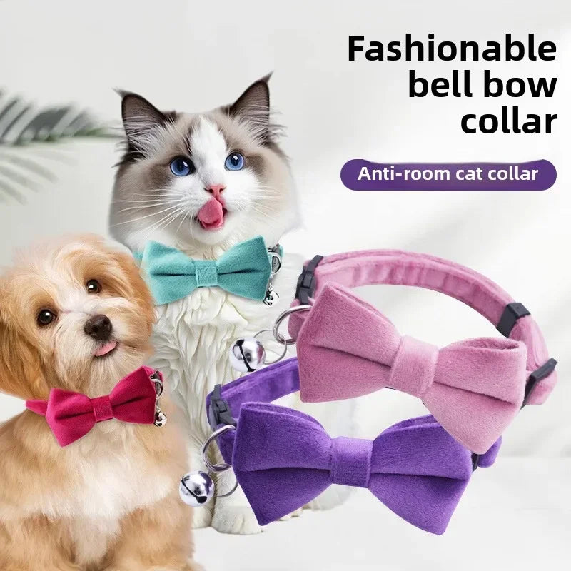 Soft Velvet Bow Tie Cat Collar with Bell Adjustable Safety Buckle Solid Color for Dogs Cats Puppy Chihuahua Pets Accessories