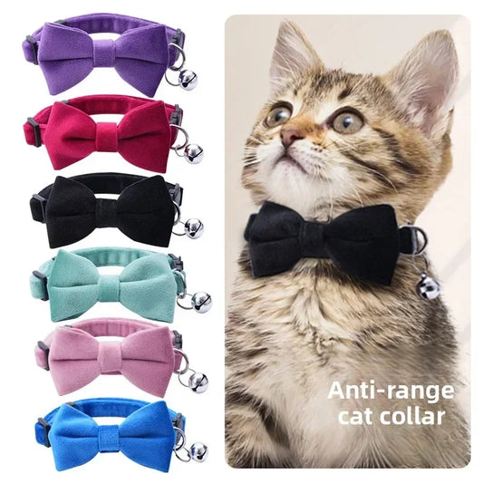 Soft Velvet Bow Tie Cat Collar with Bell Adjustable Safety Buckle Solid Color for Dogs Cats Puppy Chihuahua Pets Accessories
